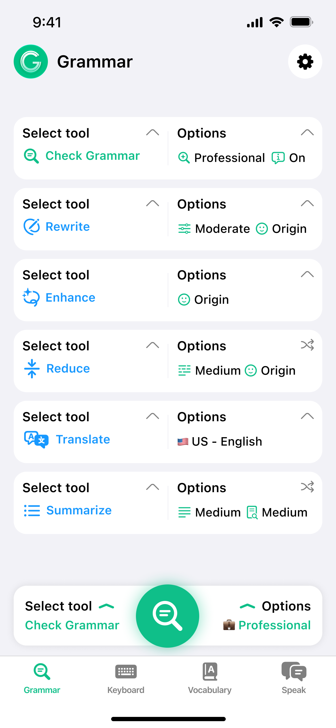 Grammar Check Corrector tool selection screen